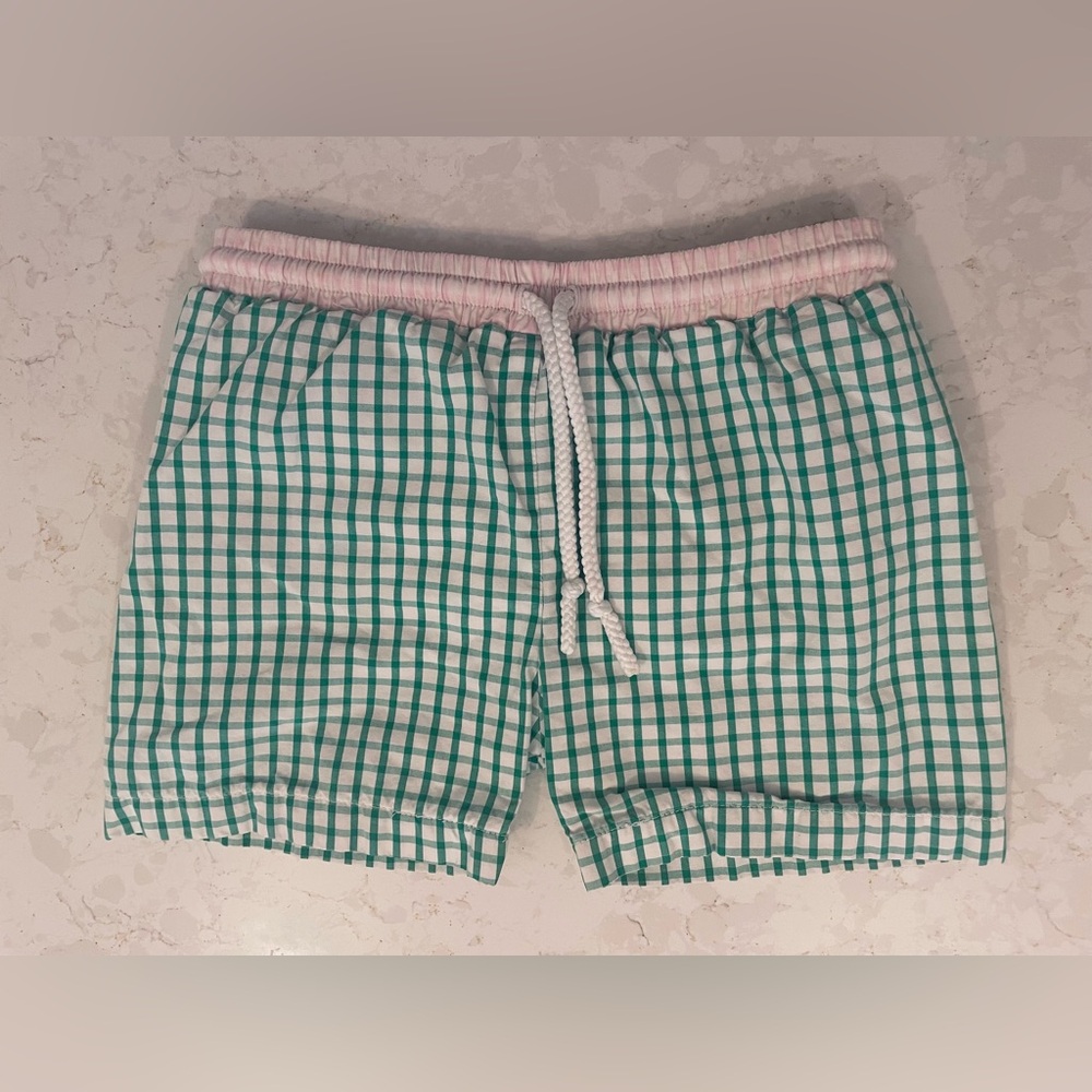 Pink and Green Windowpane Swim Trunks